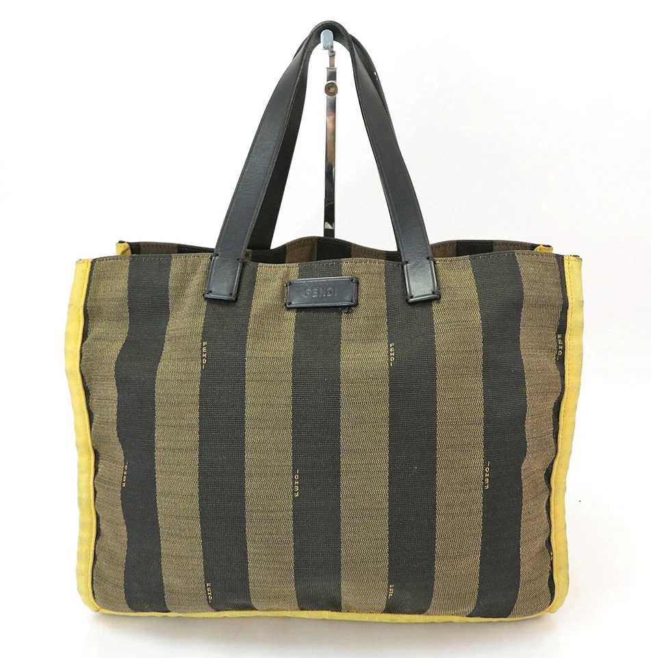 Auth FENDI Brown & Black Zucca Striped and Yellow Canvas Tote Bag Purse #60407 - Image 2 of 4