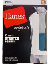 Hanes T-Shirts Mens 2-Pack Crew Stretch Ultimate Slim Teal Grey Medium 38-40" 