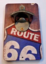 Open Road Brands SELF SERVE Bottle Opener mounted on Wooden ROUTE 66