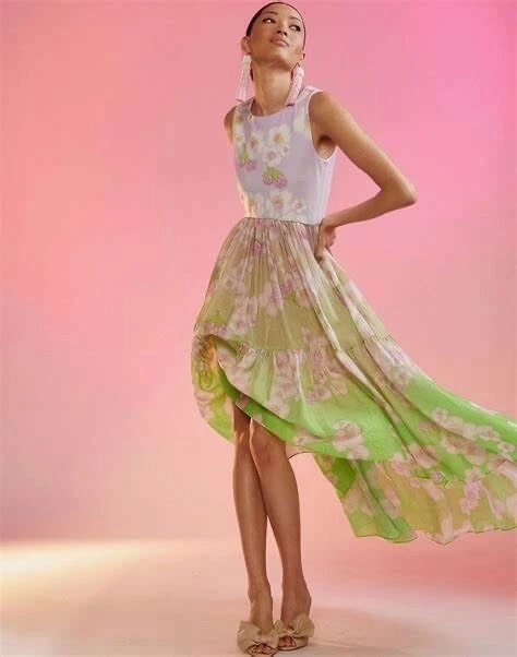 Vestido Cynthia Rowley Ramie Tier Sin Mangas Floral Alto Bajo Rosa Verde Talla Pequeña Foto 2 de 4