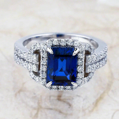 4.10Ct Emerald Diamond Lab Created Halo Engagement 14K White Gold Plated Ring