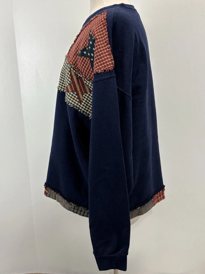 Vtg Jerzees Quilted Patchwork Sweatshirt Sz XXL 2XL Navy Stars Granny Core  - Image 2 of 4