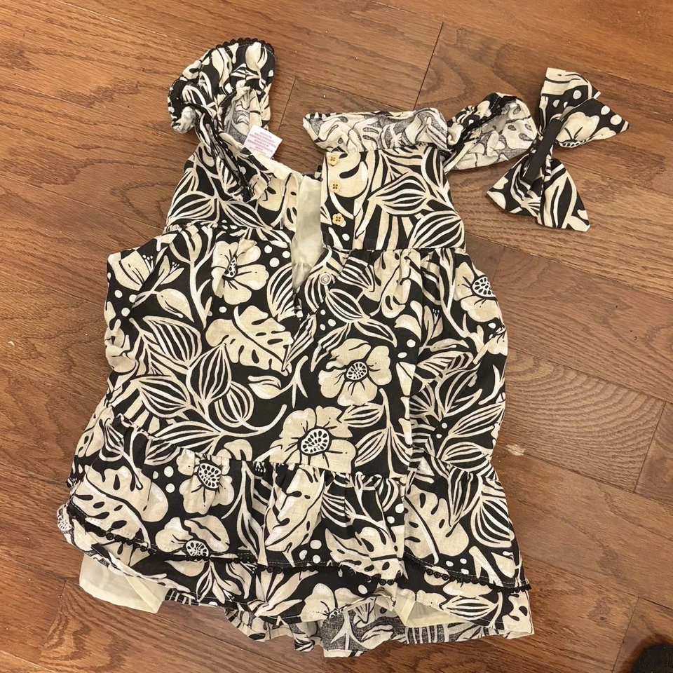 Vestido Tommy Bahama 2T Beige Y Negro Lino Con Clip de Pelo a Juego Lazo Vacaciones Foto 4 de 4