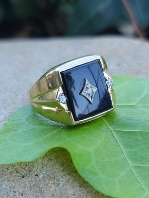Vintage 10k massiver Gelbgold schwarzer Onyx & weißer Saphir Herrenring 10,75 Gr. 7,1 Gramm