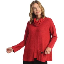 Jess & Jane Solid Soft-Brushed Hacci Cowl Neckline Tunic - Red-M