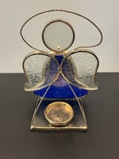 Stained Glass Angel Trumpet Votive Tealight Holder Cobalt Blue Gold Tone Frost