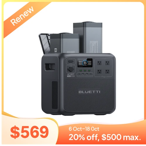 BLUETTI AC180T 1800W 1433Wh Power Station Swappable Battery Design for Travel