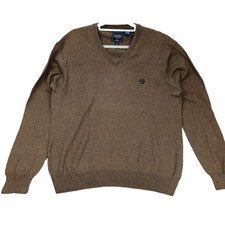 Ralph Lauren Chaps Jumper Men Size L Brown V Neck Cotton Cashmere Knit Pullover