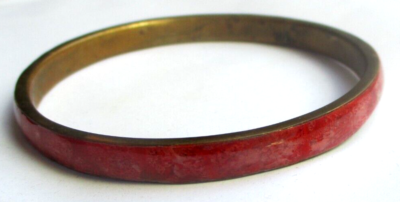 Bracelet Jonc Rigide En Bronze émaillé Rouge Vernissé - Bijou Vintage Rare N°5312