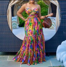 Womens 2024 Fashion Printed Spaghetti Straps Cutout Falbala Long Beach Dress