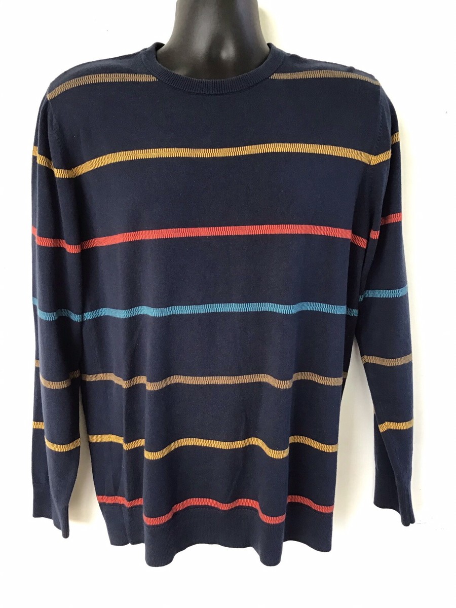 Quiksilver Long Sleeve Sweater, Mens Medium, Blue With Muticolor Stripes