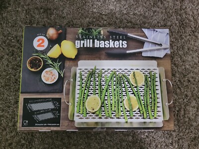SET OF 2-Grill Baskets: Stainless Steel-Meat, Fish & Vegetable BBQ Safe to 698*F