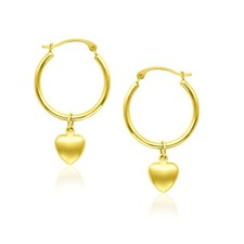 14k Yellow Gold Hoop 1.13" Length x 0.63" Width Dangling Puffed Heart Earrings