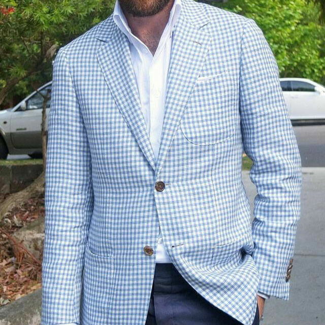 Men Blue Plaid Blazer Summer Light Coat Single Breasted Notch Lapel Jacket  Suits