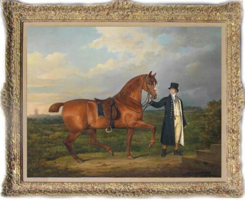 Ancien maître-art peinture à l'huile antique portrait homme chasseur cheval sur toile 30"x40" - Photo 1 sur 2