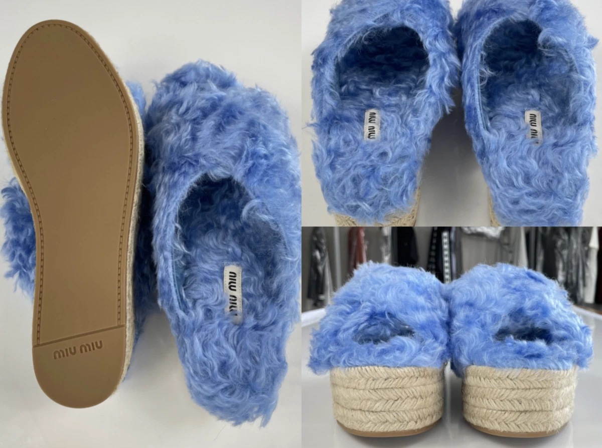 Miu Wedge Chaussures Shearling Espadrilles Fourrure Sandales Plateau Neuf 38