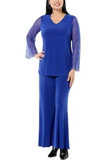 Antthony 2-piece Beaded Mesh Sleeve Tunic and Flared-Leg Pant Set Blue