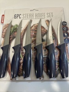 Steak Knife Set Of 6 NIB by At + Cook with Sturdy black Comfortable handles