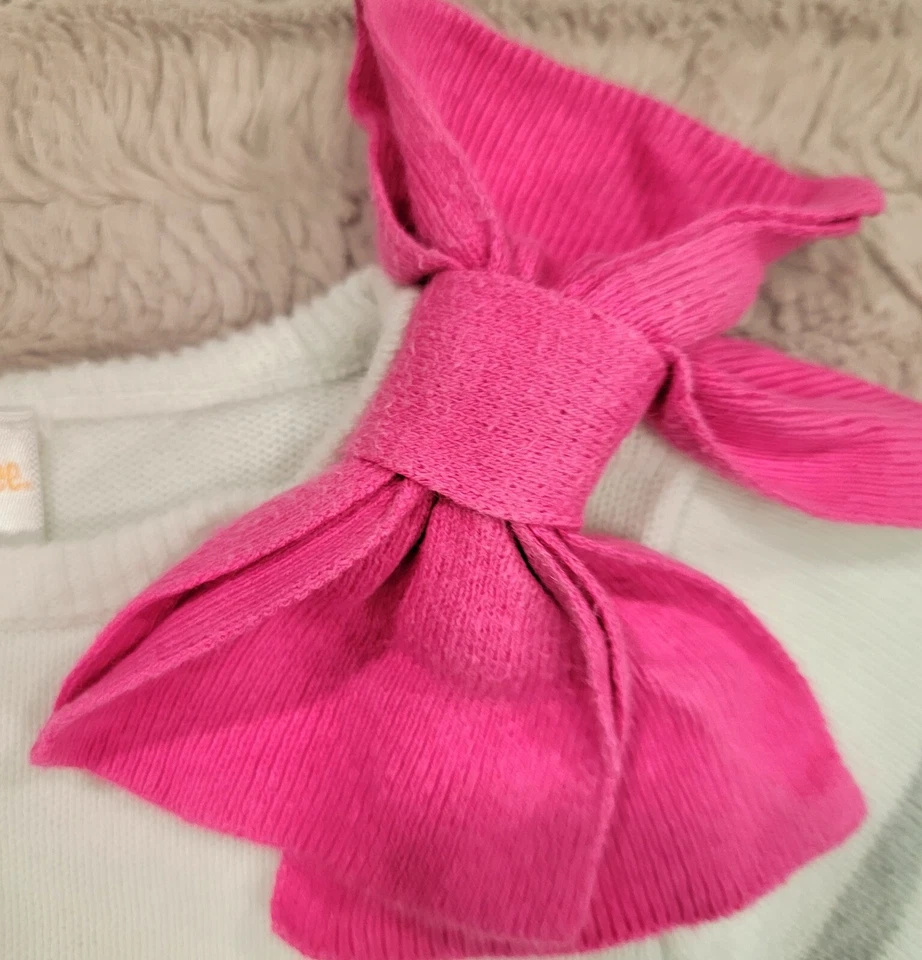 Gymboree Girl's 4 Gray/White Striped Knit Tunic Sweater w/ Pink Shoulder Bow - Image 2 of 4