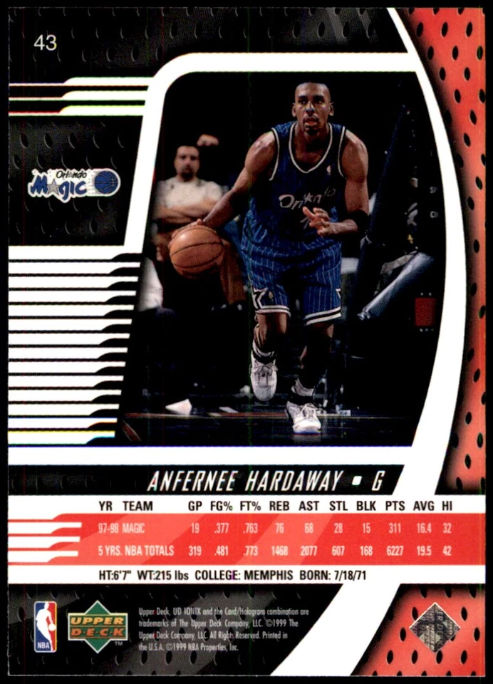 Anfernee Hardaway 1998-99 Upper Deck Ionix #43 Magic NBA READ FREE SHIPPING - Image 2 of 2