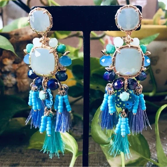 LILLY PULITZER 耳环 🩷NWT ISLAND 异国情调热带蓝色流苏珠 POST — 第 4/4 张图片
