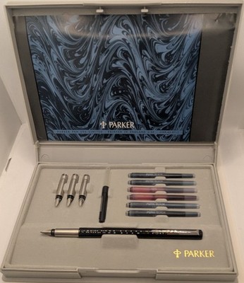 Vintage 1989 UK Parker Vector Fountain Pen Calligraphy Set w/4 Nibs, Converter
