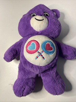 2020 PURPLE CARE BEARS SHARE BEAR 14  LOLLIPOP HEARTS PLUSH TOY BY BASIC FUN INC