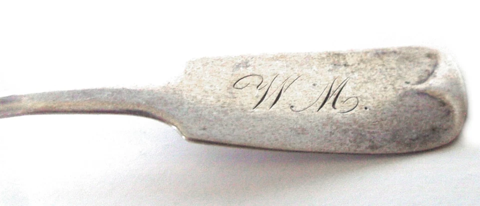ANTIQUE COIN SILVER SUGAR SPOON-FIDDLE SHELL -J. A. WEBB & CO. / H&S-MONOGRAM WM - Image 3 of 4