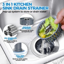 3in1 Kitchen Sink Drain Strainer  Sink Stopper, Stainless Steel