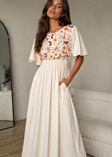 Women’s Ivory Cotton Floral Embroidered Smocked Waist Maxi Dress S Pockets