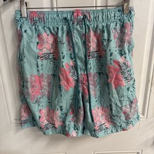Mens BURNSIDE Swim Trunks Aqua/Pink Flowers Sz M Lined Drawstring