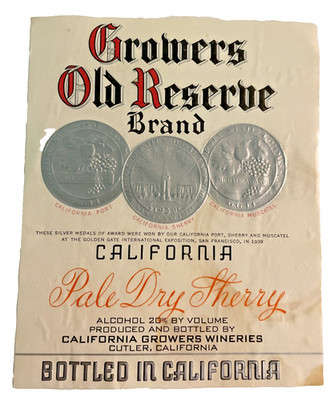 Vintage Growers Old Reserve Pale Dry Wine Label California Cutler CA 1940s