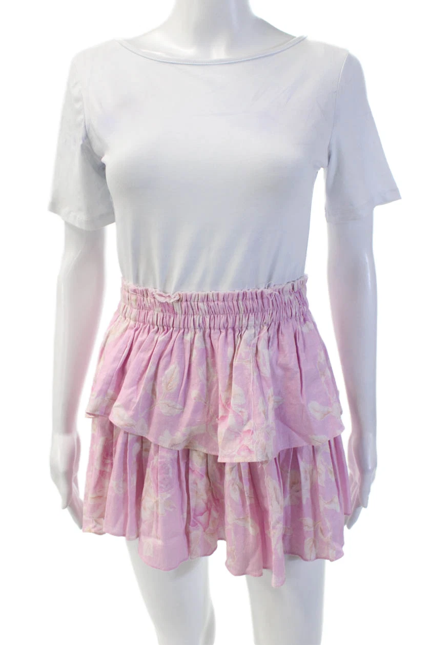 Love Shack Fancy Womens Linen Tiered A Line Skirt Pink Size Extra Small