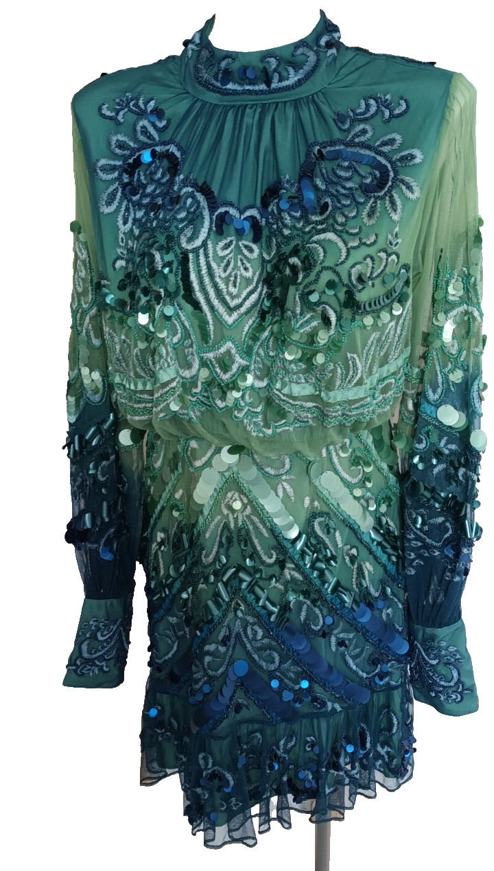 Lovely new rare Karen Millen teal ombre sequin embroidered mini dress 12/14 £399 image 4