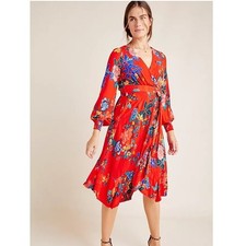 Anthropologie Floral Wrap Midi Dress Long Sleeve Red Blue Yellow Women's Size 2