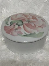 Vtg Limoges Small Porcelain Round Trinket Box With Handpainted  Pink Flower lid