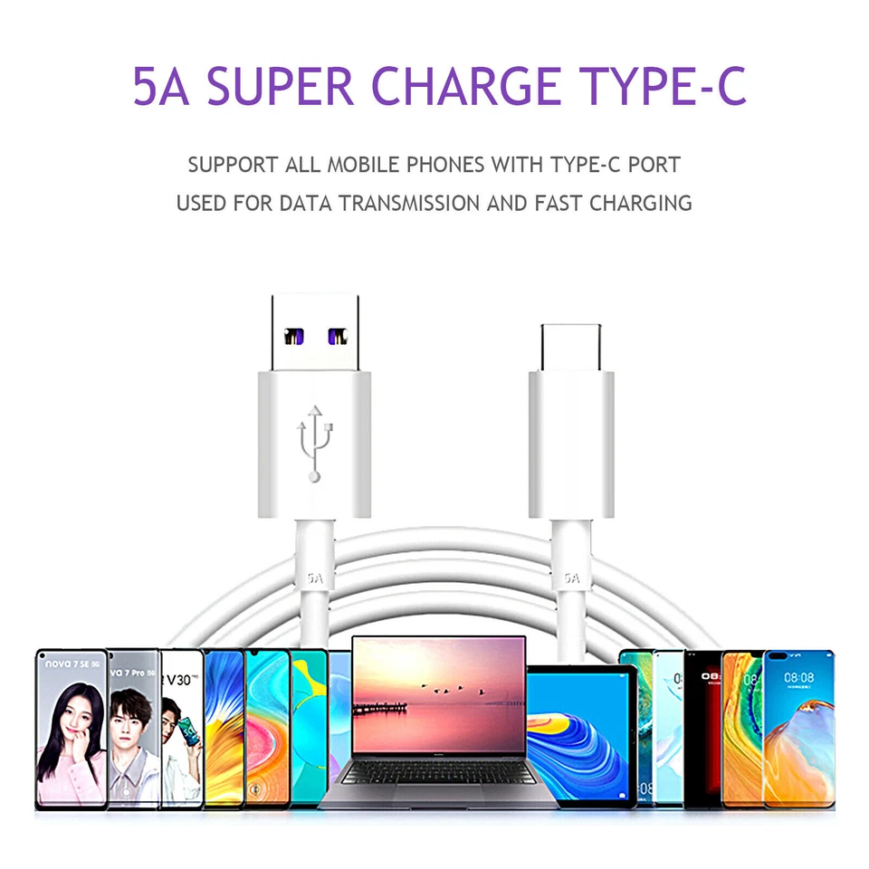 5A Charger for Samsung/Android Type C USB-C Fast Data Charging Cable Lead 1M - Image 2 of 4