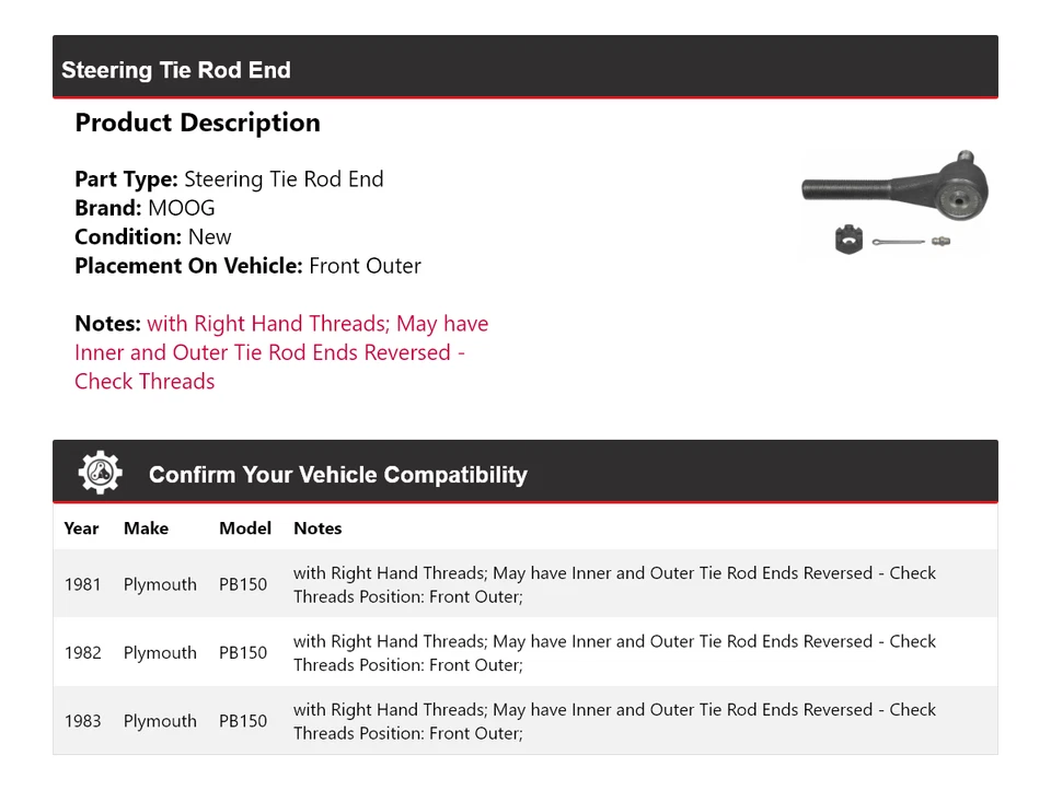 Для 1981-1983 Plymouth PB150 конец рулевого анкерного стержня передний внешний MOOG 1981 1982 - Изображение 2 из 4