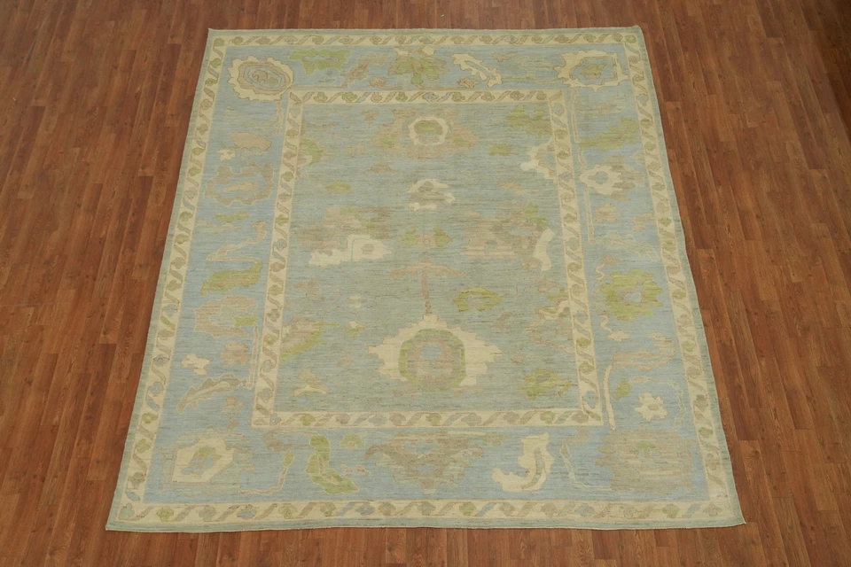 Oushak Area Rug 8x10 Vegetable Dye Blue Transitional Floral Turkish Wool Carpet - Image 2 of 4
