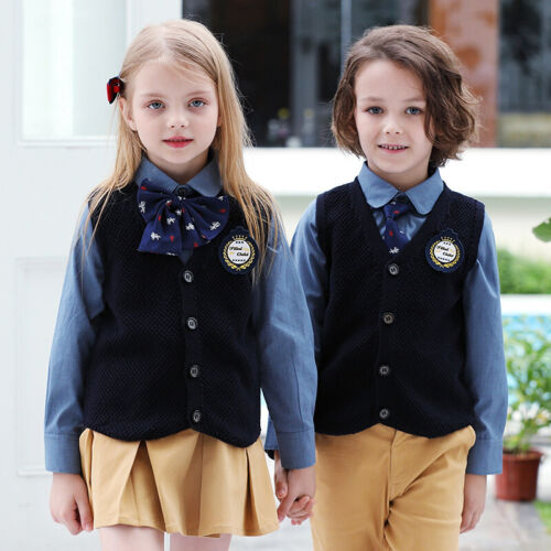 Highly Well-made  School Tie Uniform navy blue kids v neck school sweater - Afbeelding 1 van 6