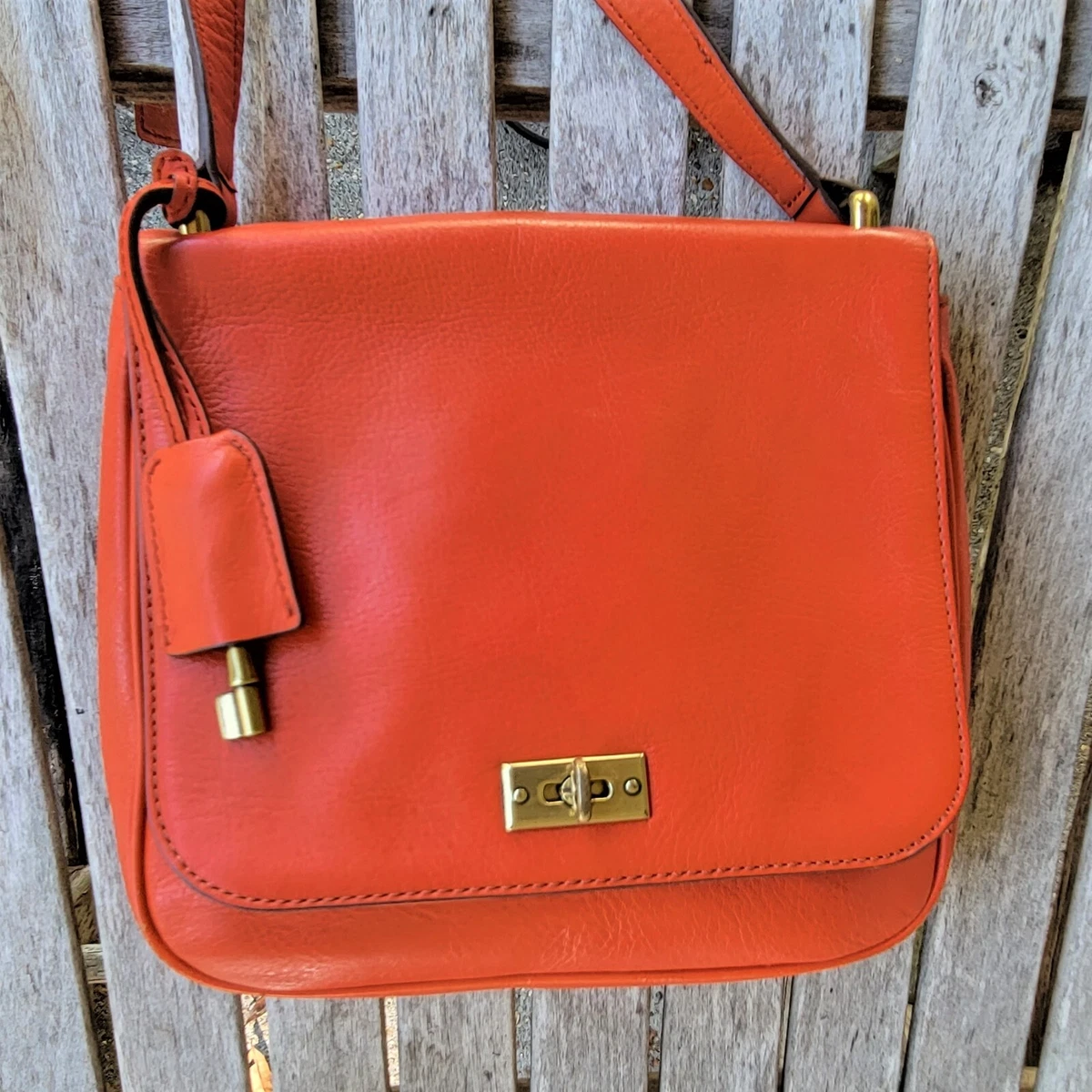 FOSSIL Orange Leather Flap Crossbody Shoulder Bag