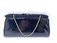 Vintage 1950s Patent Leather Kiss Lock Clutch Bag Ruffles Rainbow Lining