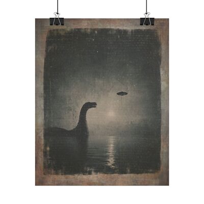 Loch Ness Monster UFO Wall Art, Nessie Moon Alien Poster, Cryptid Nautical Decor