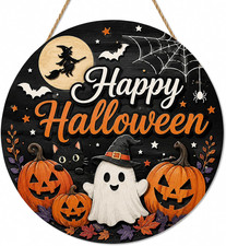 Halloween Door Hanger for Front Door, 11.5-Inch Wooden Happy Halloween Sign