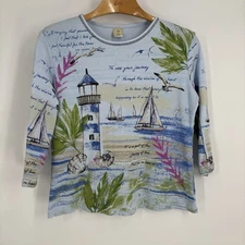 Jess & Jane Womens Graphic Print Lighthouse Top Large Colorful Beachy Coastal