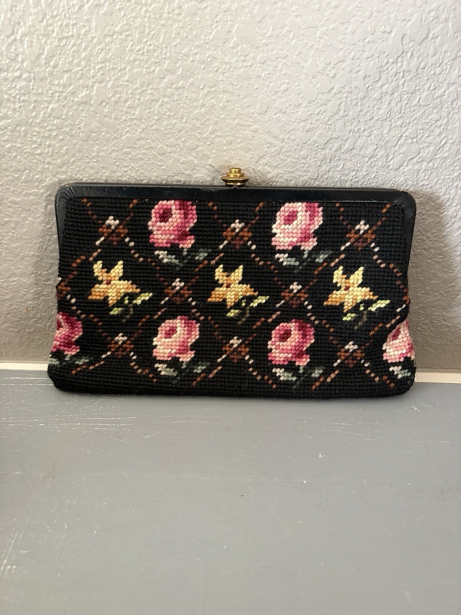 Vintage Black Kiss Lock Floral Wool Needlepoint Clutch Purse