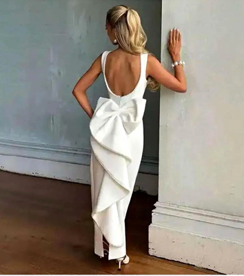 #ad Women’s White Maxi Dress M Long Sleeveless Backless Bow Scoop Neck Formal $59.99