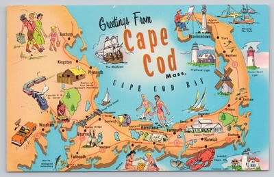 Cape Cod Massachusetts Pictoral Map, Landmarks & Attractions, Vintage Postcard