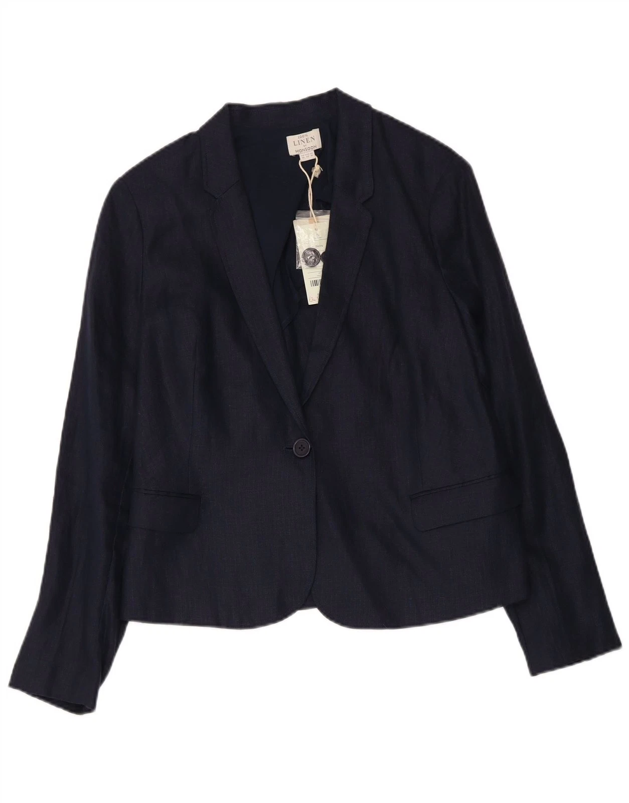 Monsoon Womens 1 Button Blazer Jacket UK 14 Large Navy Blue Linen DK23