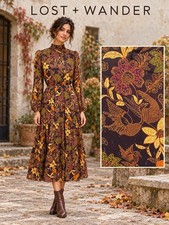 Lost + Wander Floral Bird Print Metallic High Neck Midi Dress Small NWT